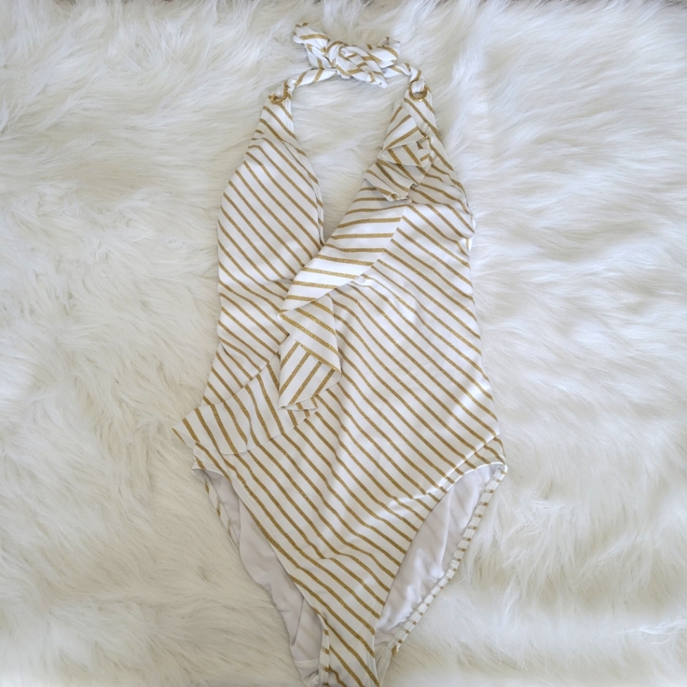 Lauren Ralph Lauren White Ruffle & Gold Metallic Striped Halter One Piece 6 NWT